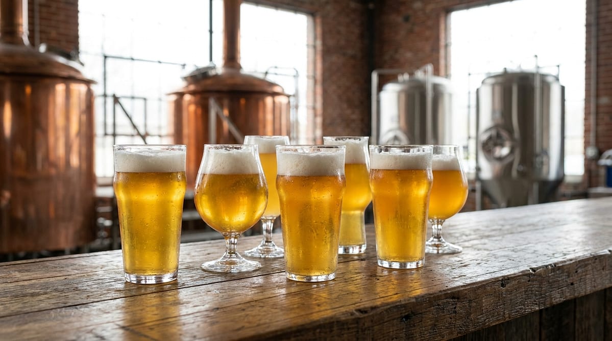 Verres de bière artisanale sans alcool sur un comptoir de brasserie