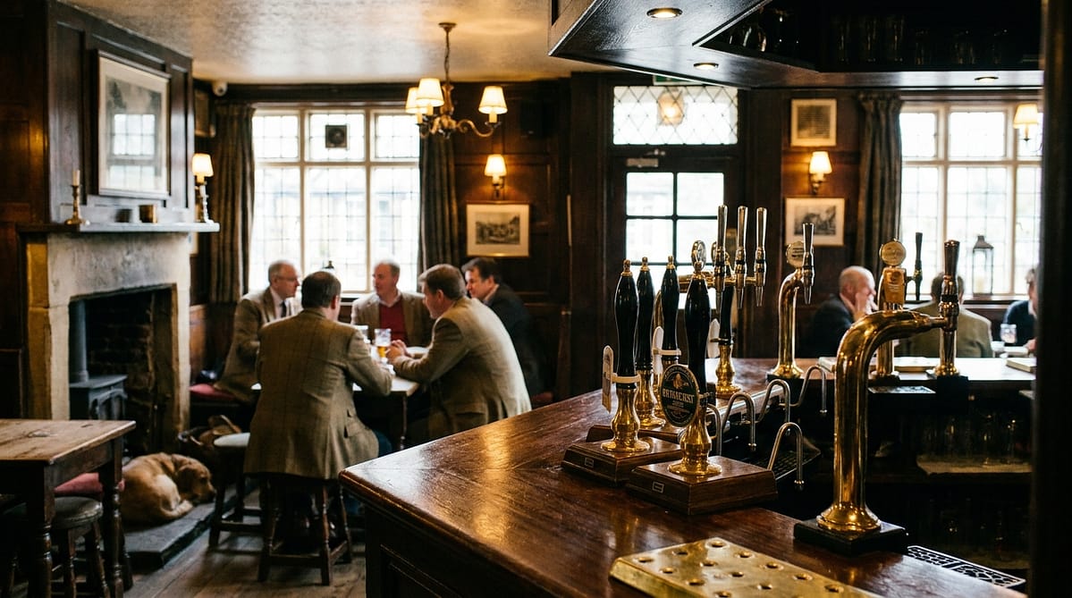 Intérieur authentique d'un pub britannique traditionnel avec comptoir en bois et pompes à bière