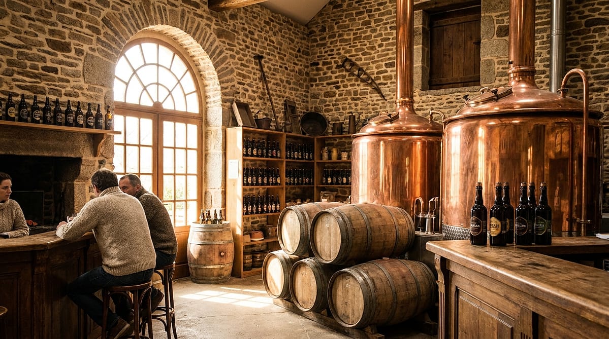 Intérieur d'une brasserie artisanale bretonne avec cuves et fûts de bière