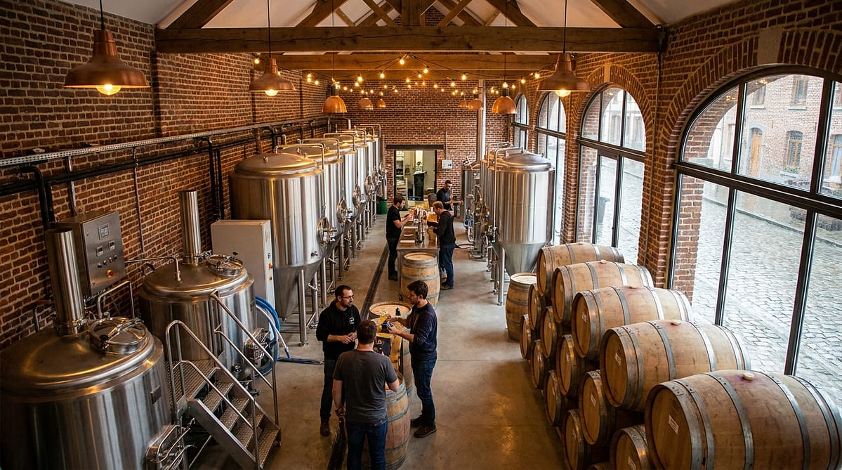 Intérieur d'une brasserie artisanale avec cuves de fermentation et équipements professionnels