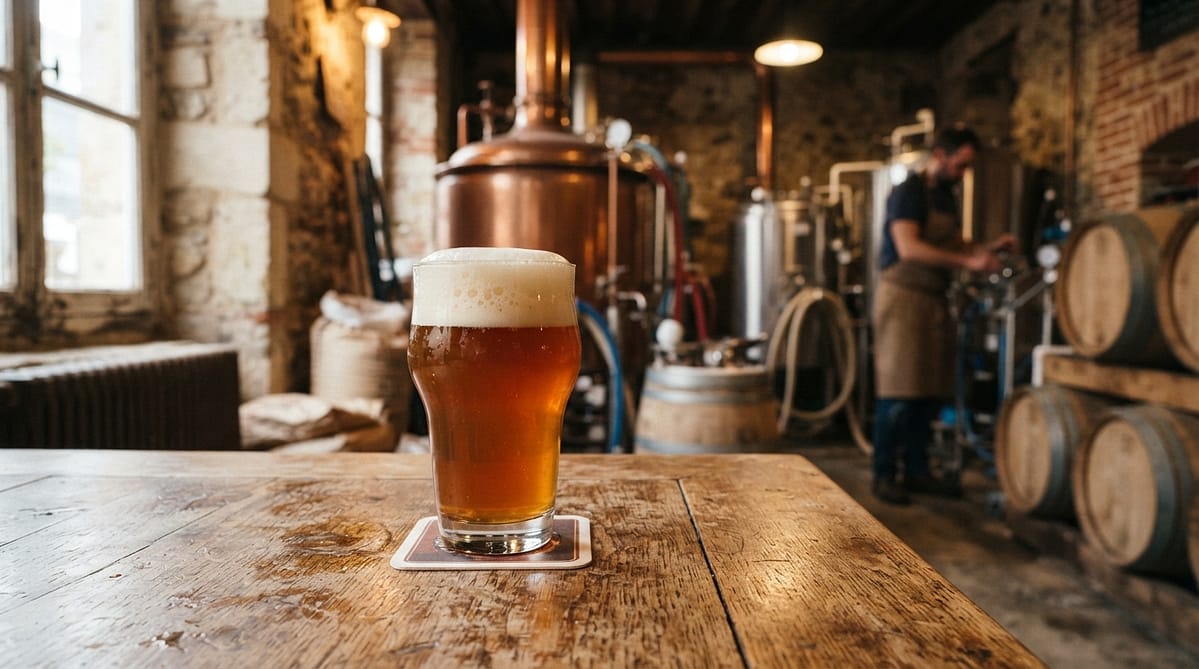 Verre de bière ambrée artisanale dans une brasserie traditionnelle du Nord de la France