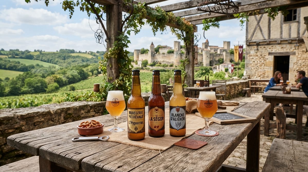 Table en bois avec bouteilles et verres de bière artisanale dans un cadre champêtre vendéen