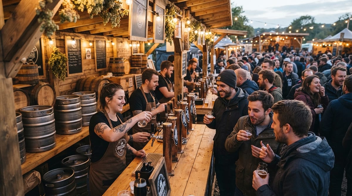 Stand de dégustation lors d'un salon de la bière artisanale avec fûts et visiteurs