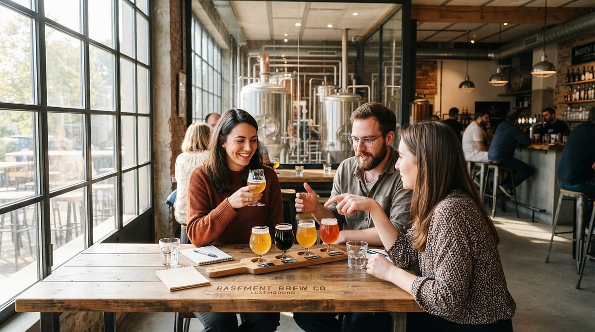 Dégustation de bières artisanales dans une brasserie luxembourgeoise moderne avec équipements de brassage en arrière-plan