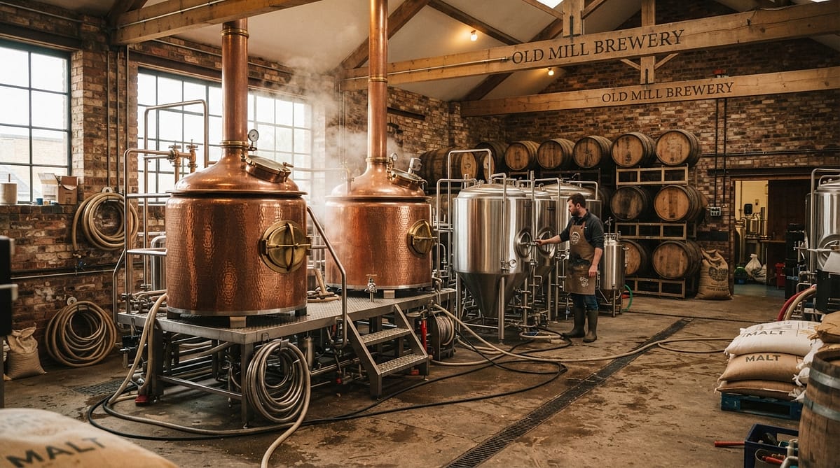 Cuves de brassage en cuivre dans une brasserie artisanale avec équipements de production traditionnels