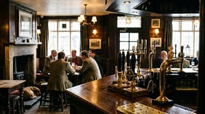 Intérieur authentique d'un pub britannique traditionnel avec comptoir en bois et pompes à bière
