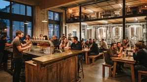 Intérieur d'une brasserie artisanale luxembourgeoise avec espace de dégustation et équipements de brassage