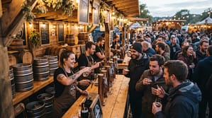 Stand de dégustation lors d'un salon de la bière artisanale avec fûts et visiteurs
