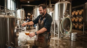 Brasseur versant de la bière artisanale depuis une cuve de brassage dans une micro-brasserie